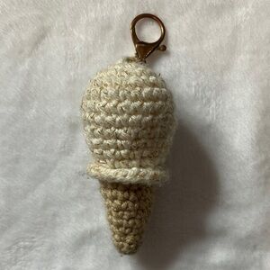 Crochet handmade vanilla one scoop gold thread ice Cream Cone Keychain